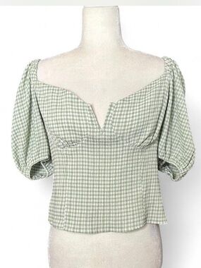 💜 ASTR The Label Daydreamer Gingham Puff Sleeve Crop Top - Matcha White (XL)